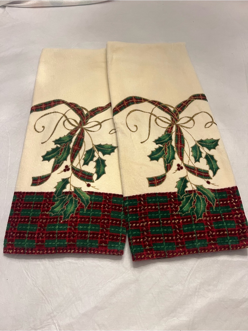 Lenox Cream Holiday Bath Towels with Red & Green Plaid and Holly Embroidery